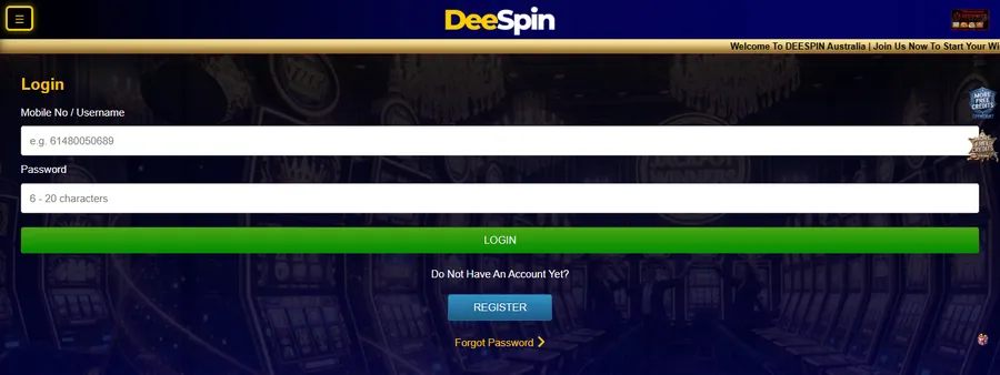 DeeSpin Casino login page on a computer with Login, Register and Forgot Password buttons